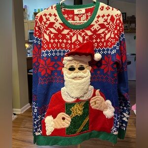 Holiday Time Festive Santa Crewneck Sweater - Red, Blue, Green, and White